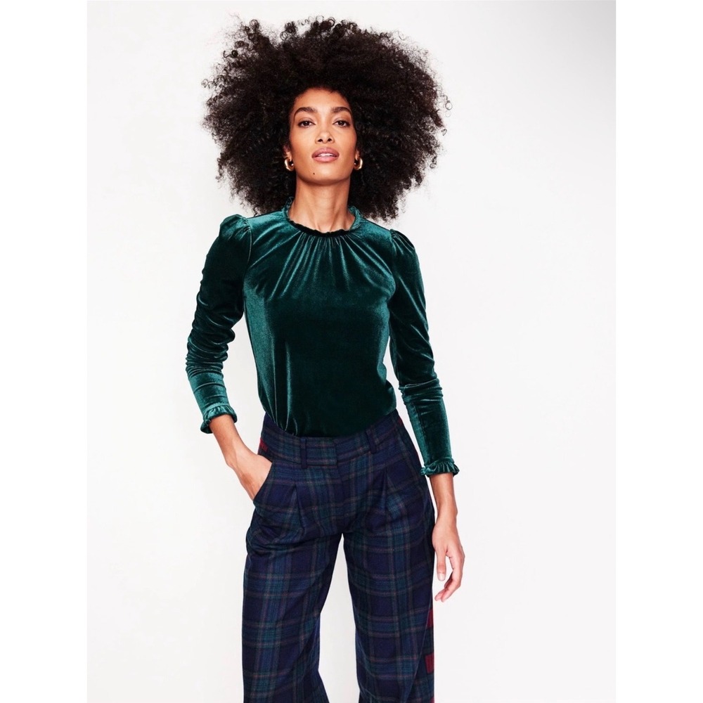 Boden Velvet Frill Neck Top Dark Green Long Sleeve Size US 4 UK 8